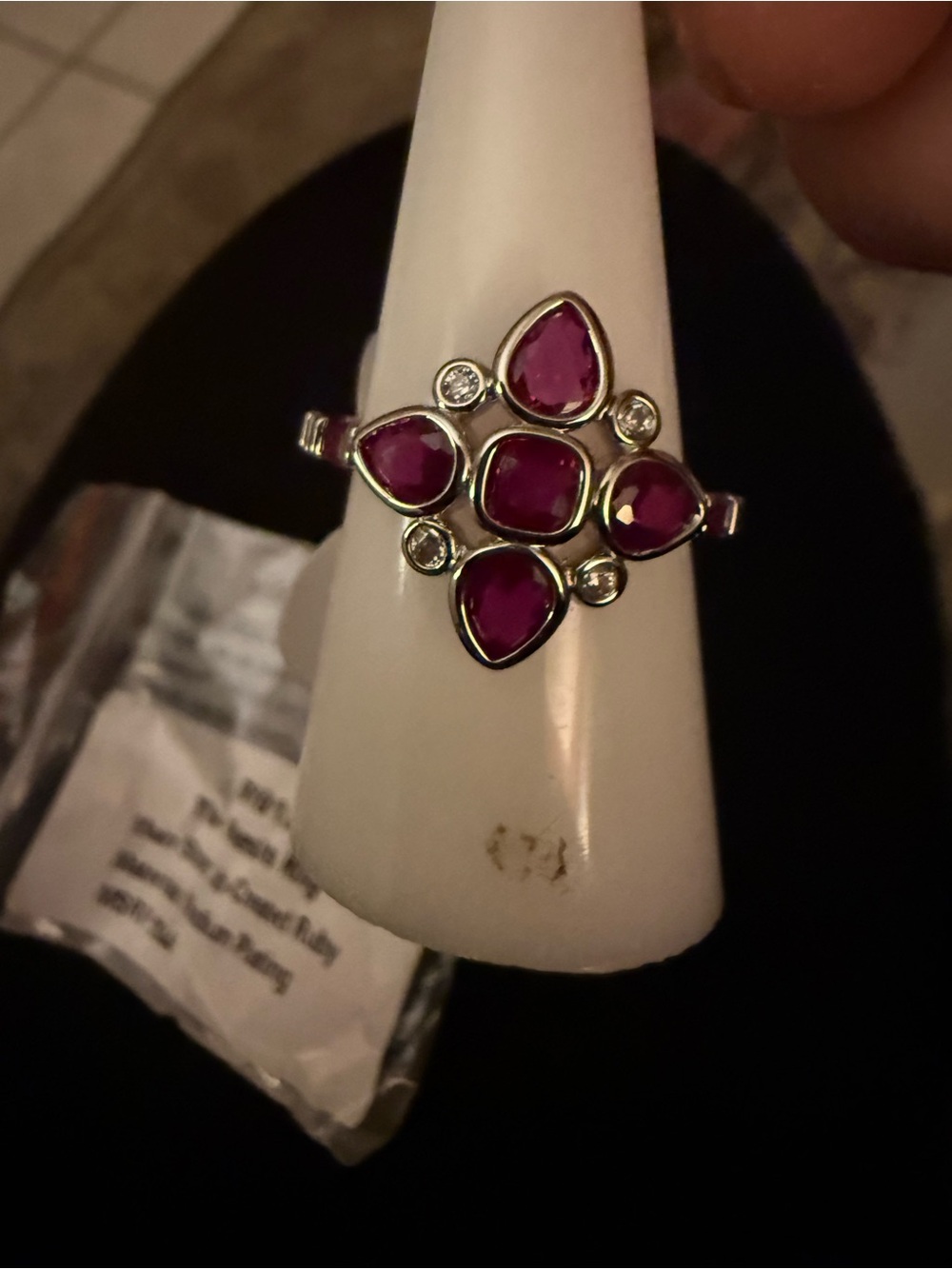 Rhodium Ring with Pink Gemstone Cluster